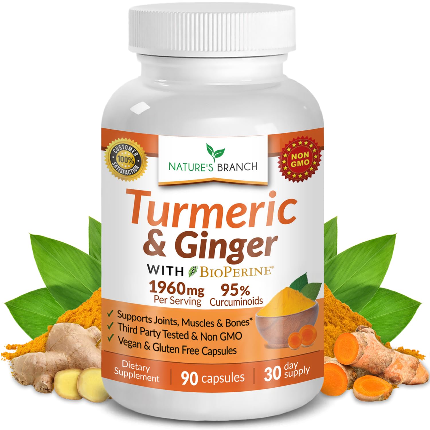 Extra Strength Turmeric Curcumin with Ginger & BioPerine - 1950mg Joint Pain Relief Supplement for Inflammation with Black Pepper Powder Extract - Premium Made in USA Vegan Non GMO Pills - 90 Capsules