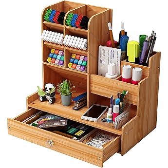 Hggzeg Wooden Desk Organizer Self Assembly Drawer Stationery Desk Storage Box Pen Holder for Home Office and School B17 Cherry Wood