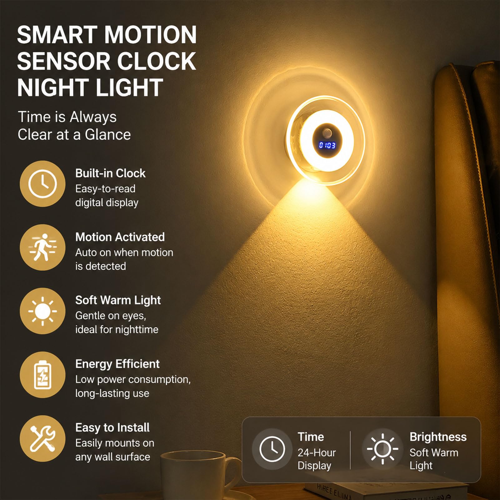 Smart LED Clock Night Light with Motion Sensor, Rechargeable Dimmable Wall Lamp with Remote, 3 Color Temperatures & 3 Lighting Modes, Digital Clock Nightlight for Bedroom Bathroom Hallway (3Set)