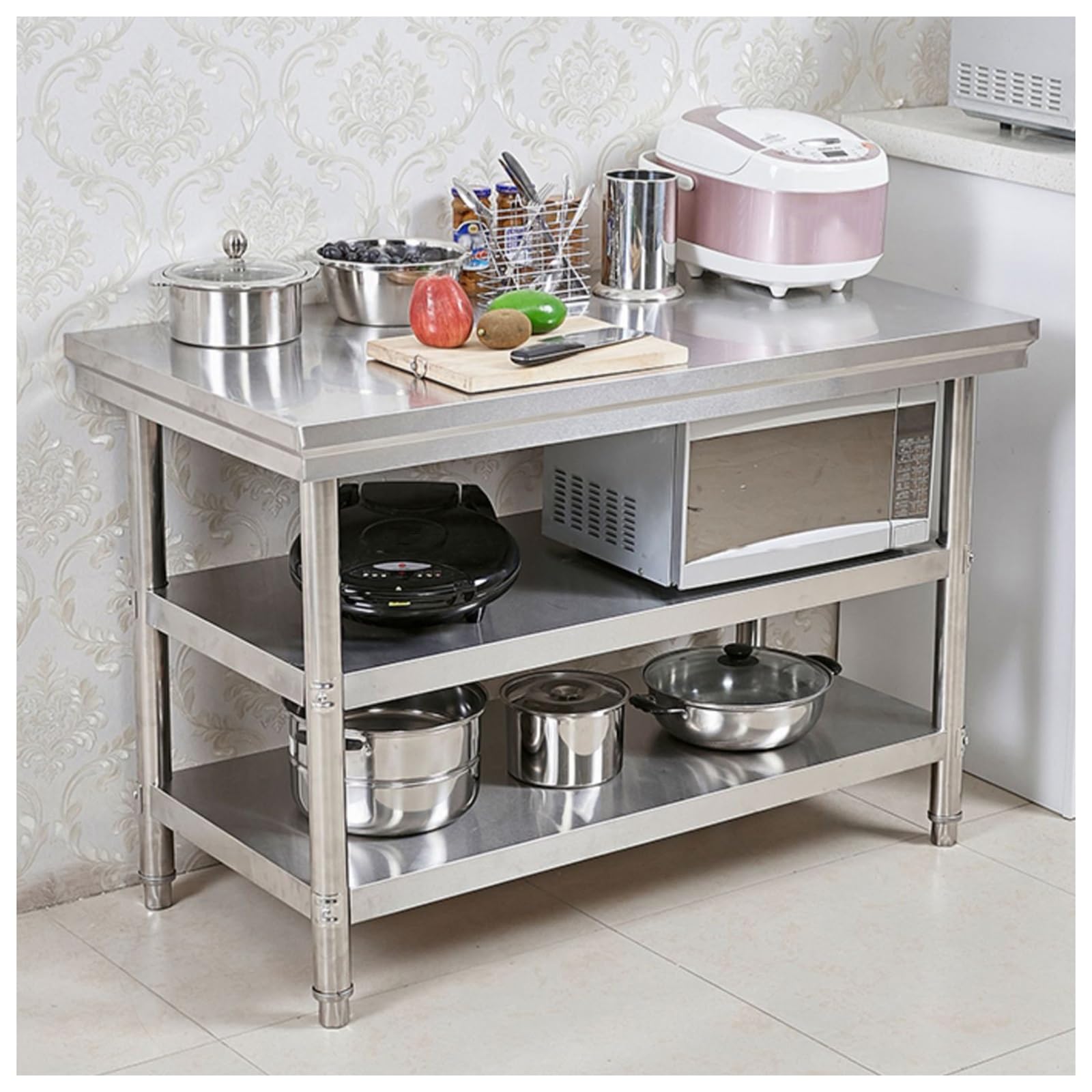 Table de découpe multifonctionnelle en acier robuste îlot de cuisine à pieds réglables