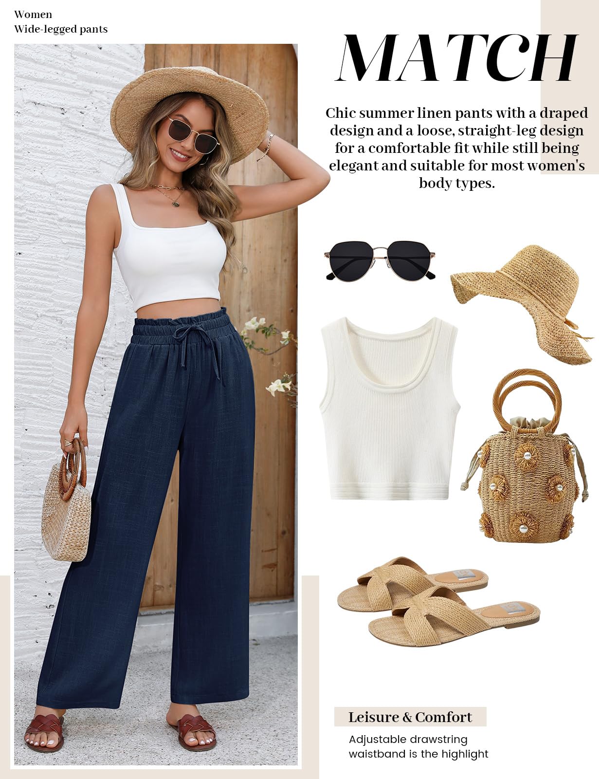 Pantalones Mujer Verano Lino Algodón Cintura Alta Elástica Anchos Casual