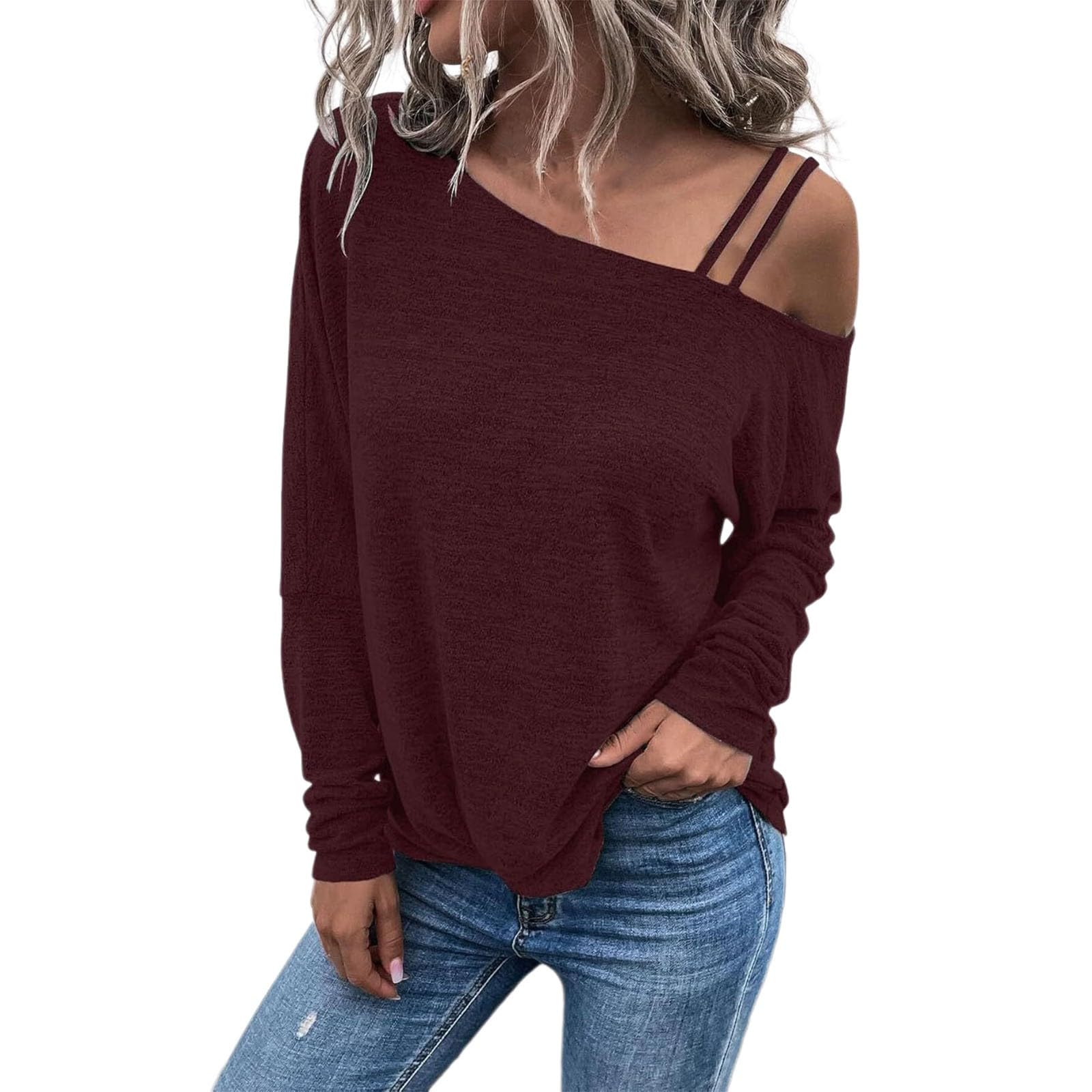 Générique Haut Tricot Chiné Manches Longues Féminin, Épaules Nues Asymétriques À Double Bretelle, Coupe Relax Tunique Épaules Dénudées pour Port Quotidien Printemps Automne