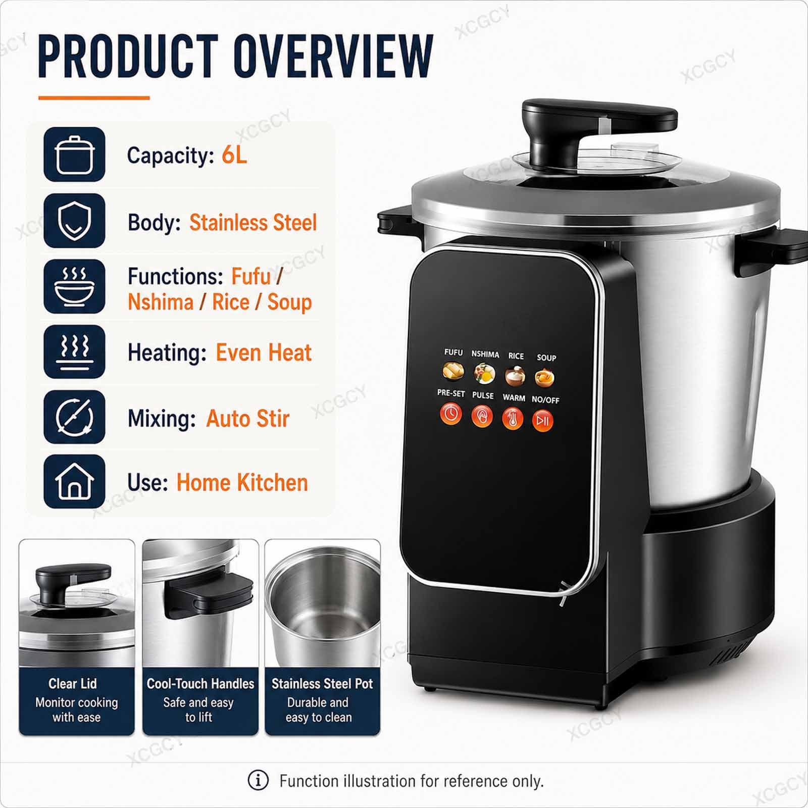 Máquina Automática Inteligente para Preparar Alimentos, De Acero Inoxidable De 900 W para Machacar Ñame, 6 L con Pantalla Táctil Led Y Olla Mezcladora para Fufu, Banku, Nshima, Sopa Y Puré De