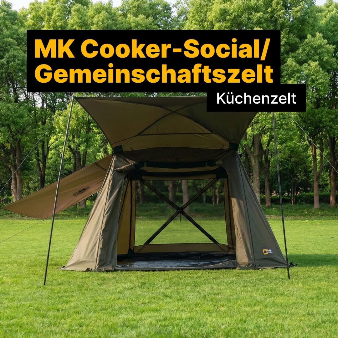 MK Angelsport Cooker Social Roomer Küchenzelt – Angelzelt & Camping Pavillon mit 10.000mm Wassersäule, Stahlrahmen, Panorama Fenster, 3x3m