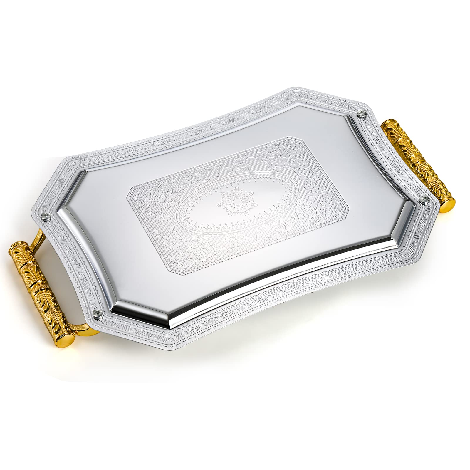 Hiceeden Set of 2 Silver Serving Tray with Gold Trim and Handles, Stainless Steel Decorative Tray Coffee Whiskey Dessert Fruit Cosmetic Perfume Jewelry Tray for Bar, Party, Entertaining, 2 Sizes
