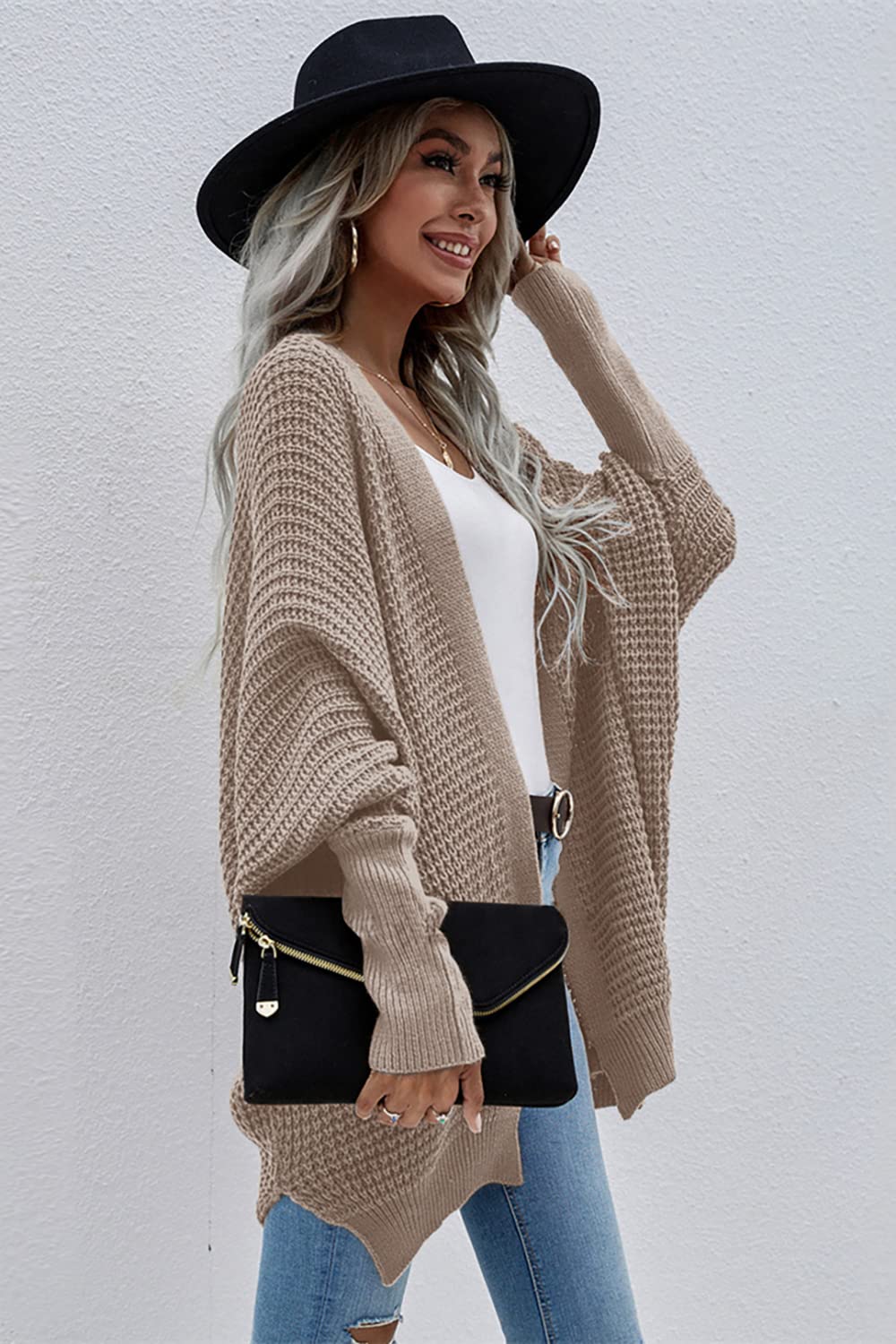 Basicspace Damen Offene Front Strickjacke Damen Lang Waffel Lässig leicht Lose Fledermaus Langarm übergröße Knit Cardigan Weiche Oberbekleidung