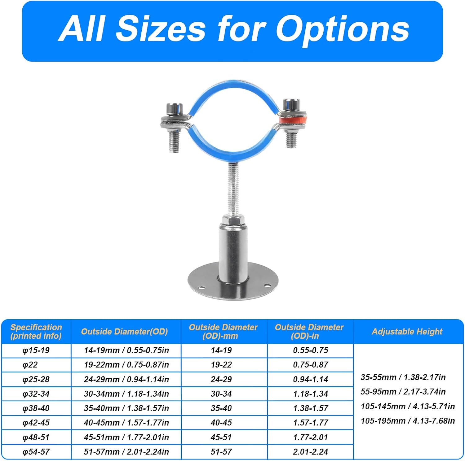 Kodilin 8PCS 304 Stainless Steel Wall Mount Ceiling Mount Pipe Supports,Suitable for OD Pipe 3/4"(25-28mm),Adjustable Height 50-100mm,Adjustable Pipe Strap Clamp with Screws