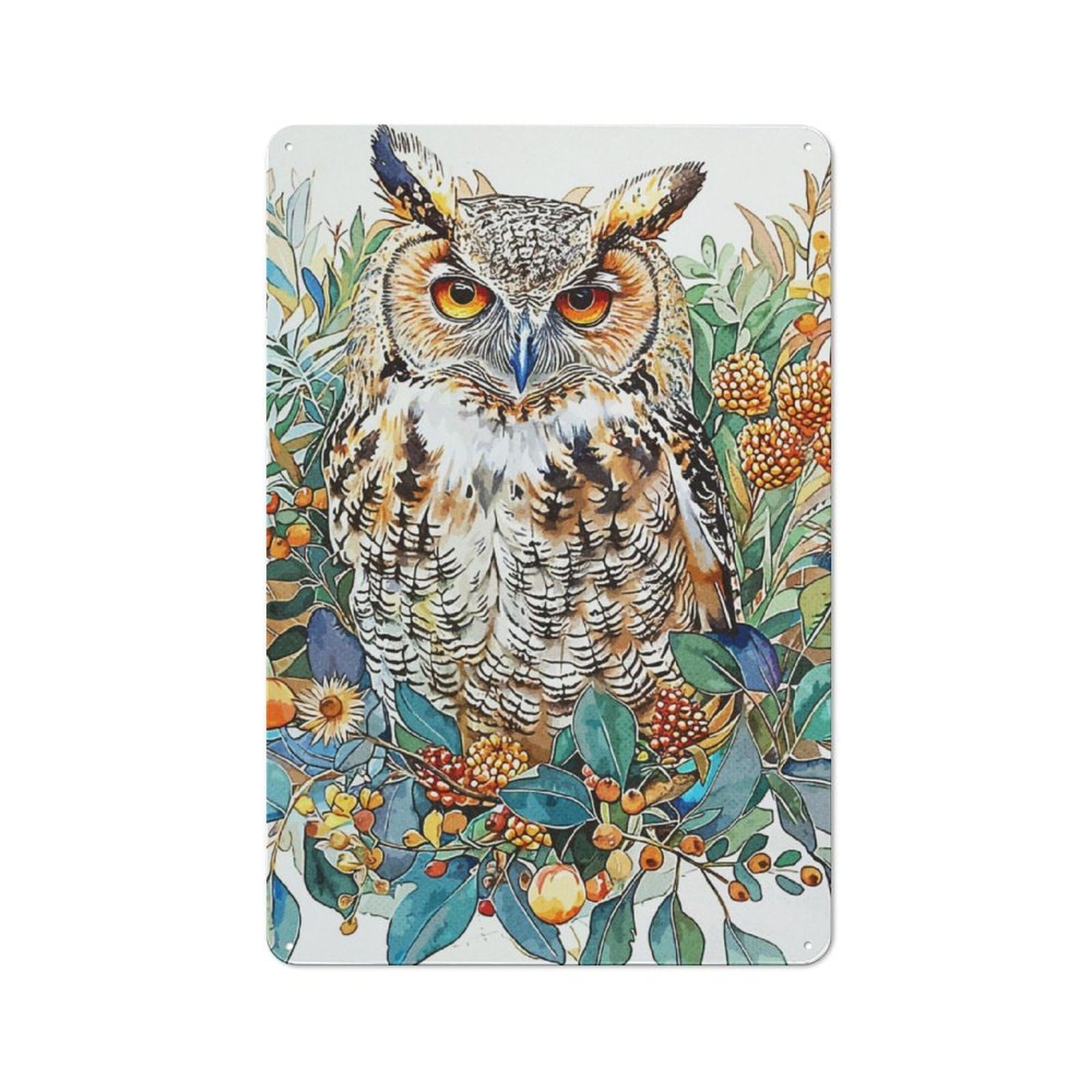 Junmoney Realistic Watercolor Owl Workshop Style Tin Sign 30X20cm, Industrial Wall Art For Garage, Hobby Room, Office Or Man Cave