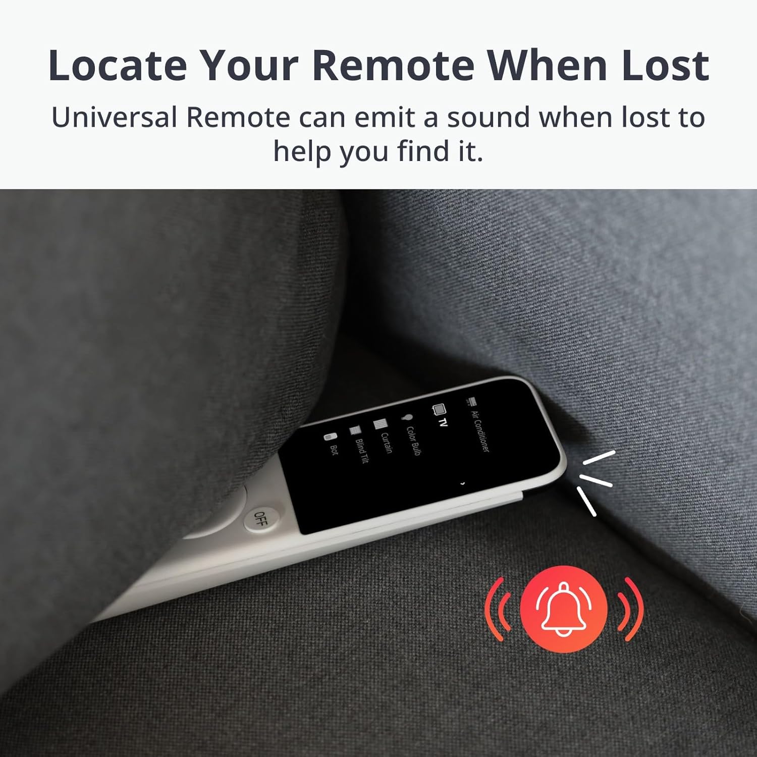 SwitchBot Universal Remote partially hidden under a couch cushion, with a ringing icon