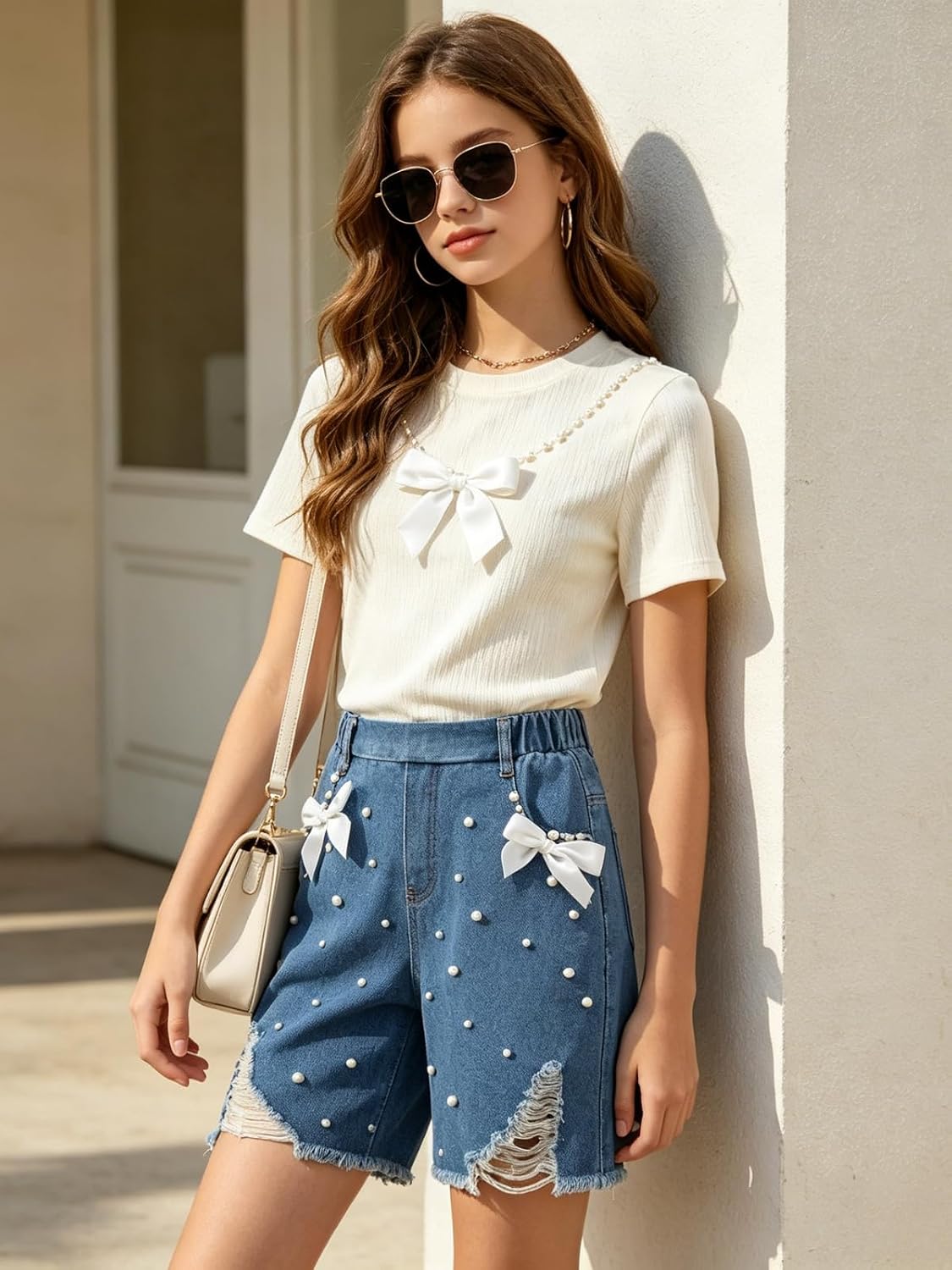 Size 9-16 Years Teen Girls Jeans Shorts Ripped Denim Bermuda Bow Bottom Baggy Trendy Summer Clothes for Kids