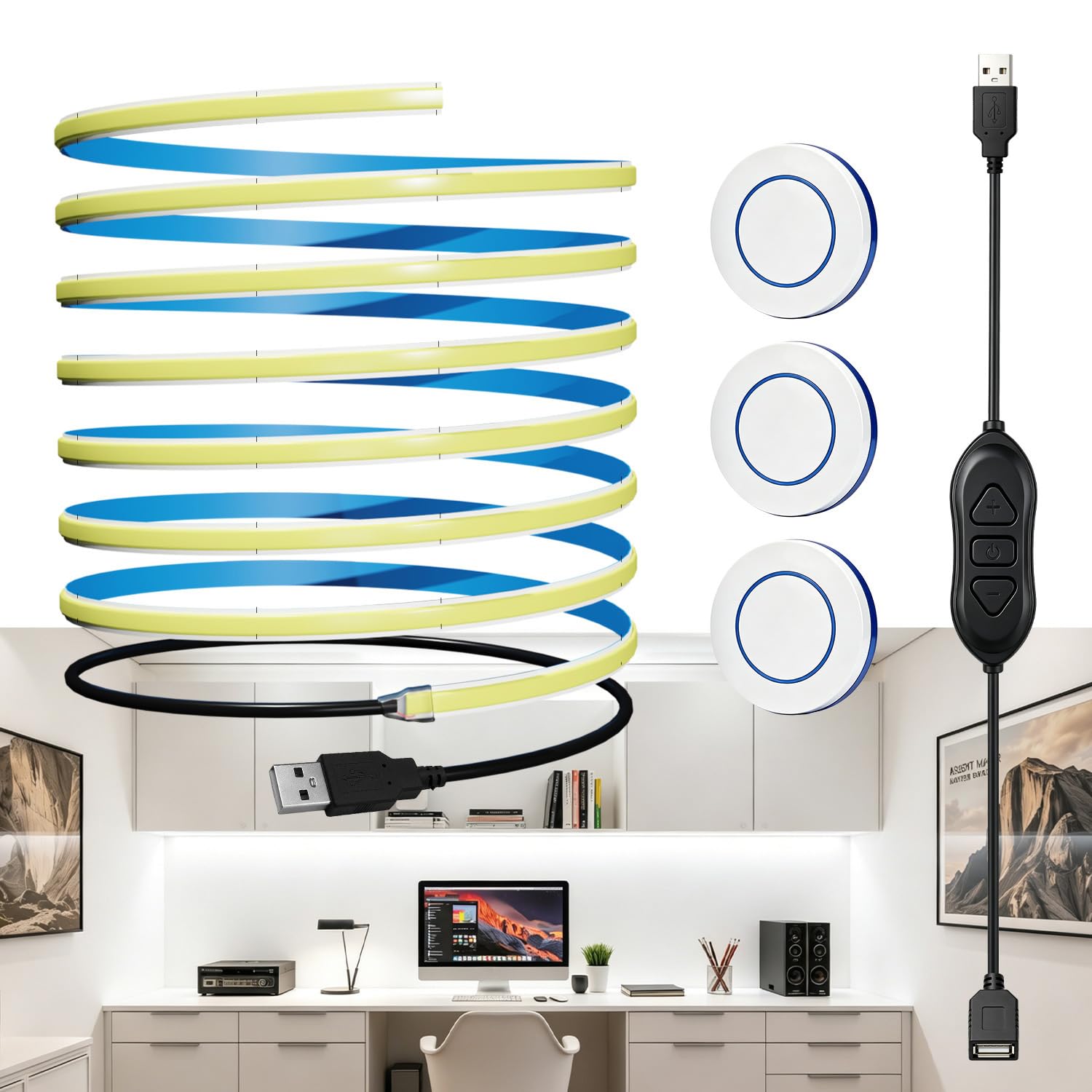 MDee 5V USB COB LED Strip with 3 Remotes, Dimmable, 6000K Cool White, 2.5M