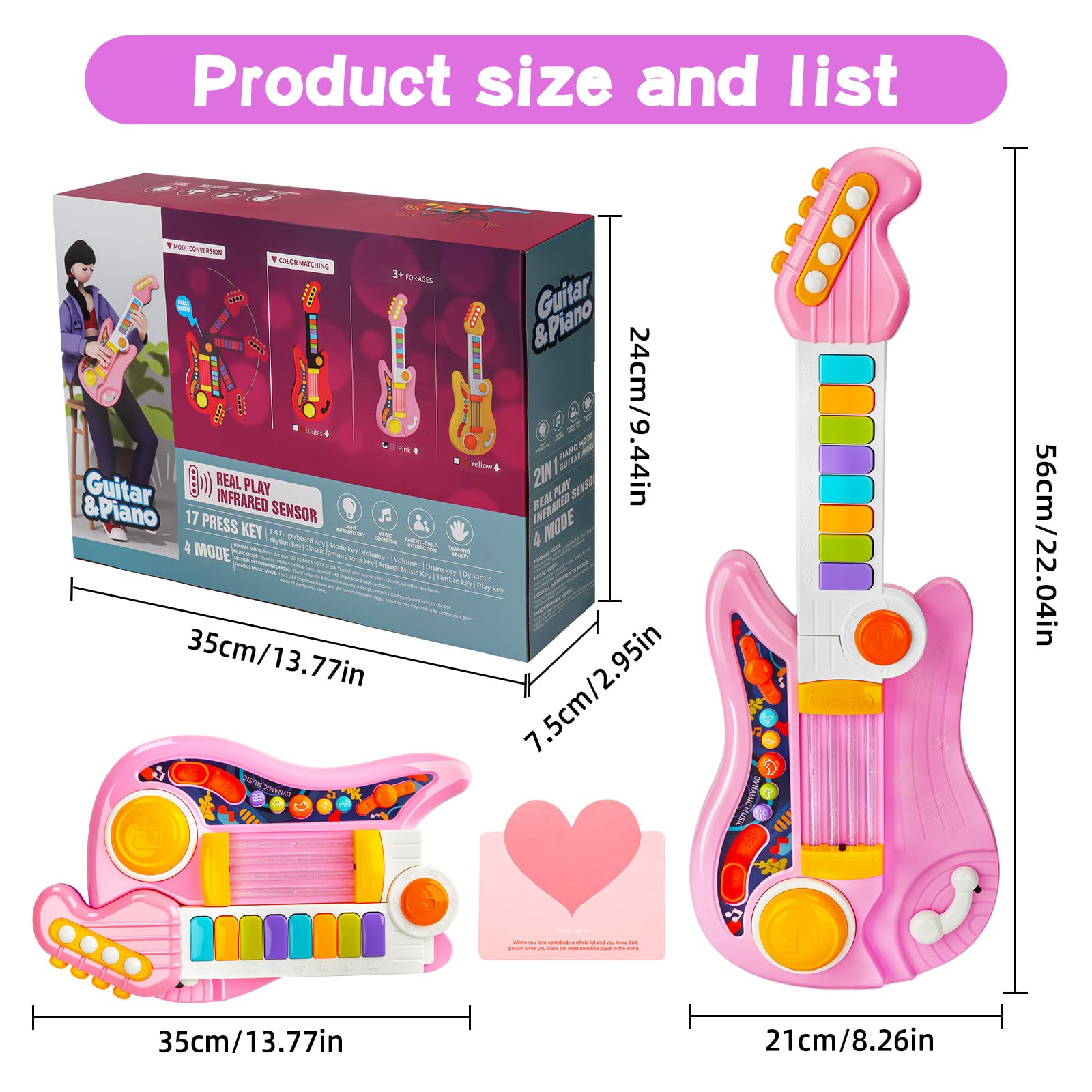 Chitarra Giocattolo Musicale per Bambini, 4 Modalità di Gioco, Strumento Musicale Giocattolo Multifunzione con Canzoni,Luce e Cinghia,Strumenti Musicali per Bambini, dai 12 Mesi+