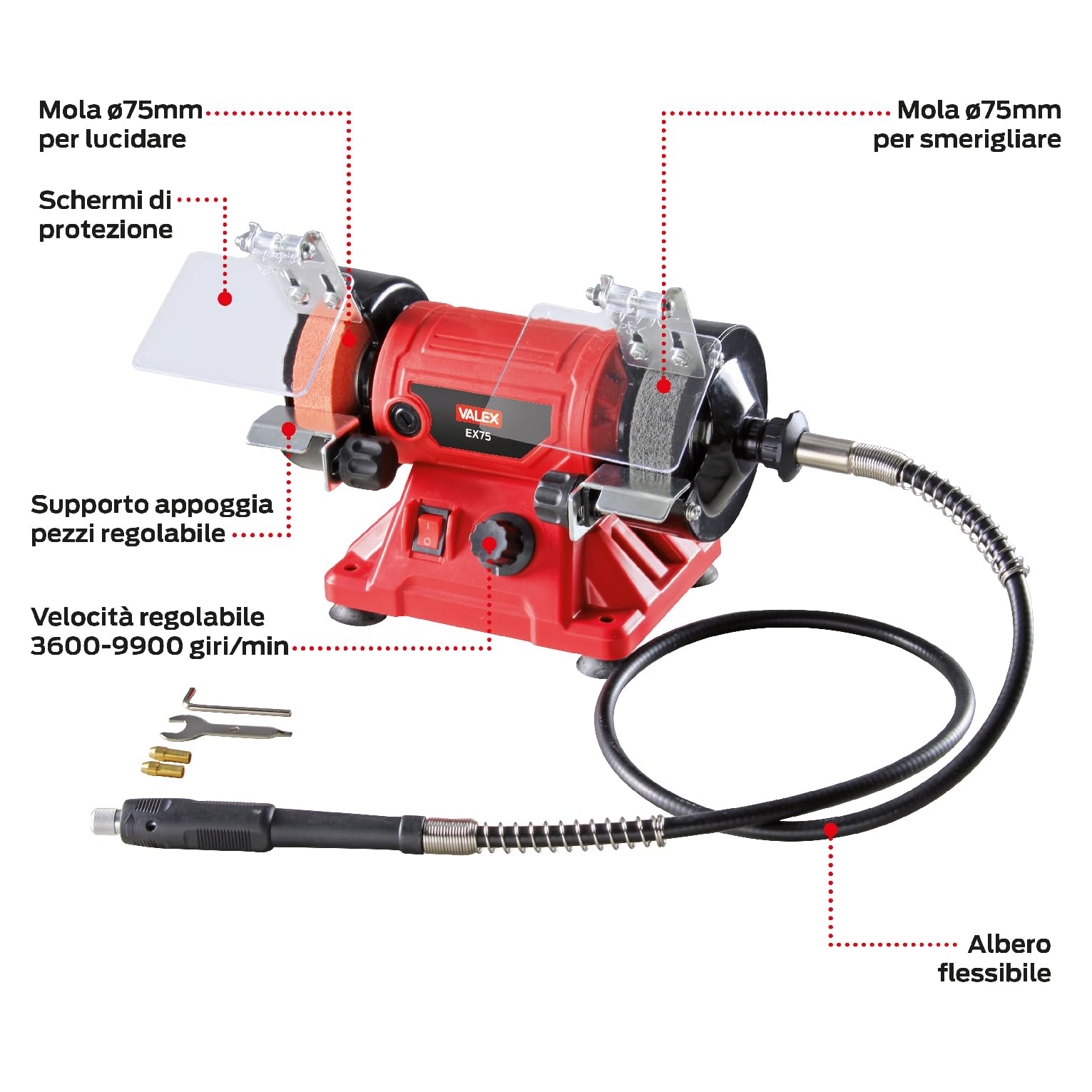 Valex EX75 Smerigliatrice da Banco Combinata, 150W, albero flessibile 1m e 85 accessori inclusi