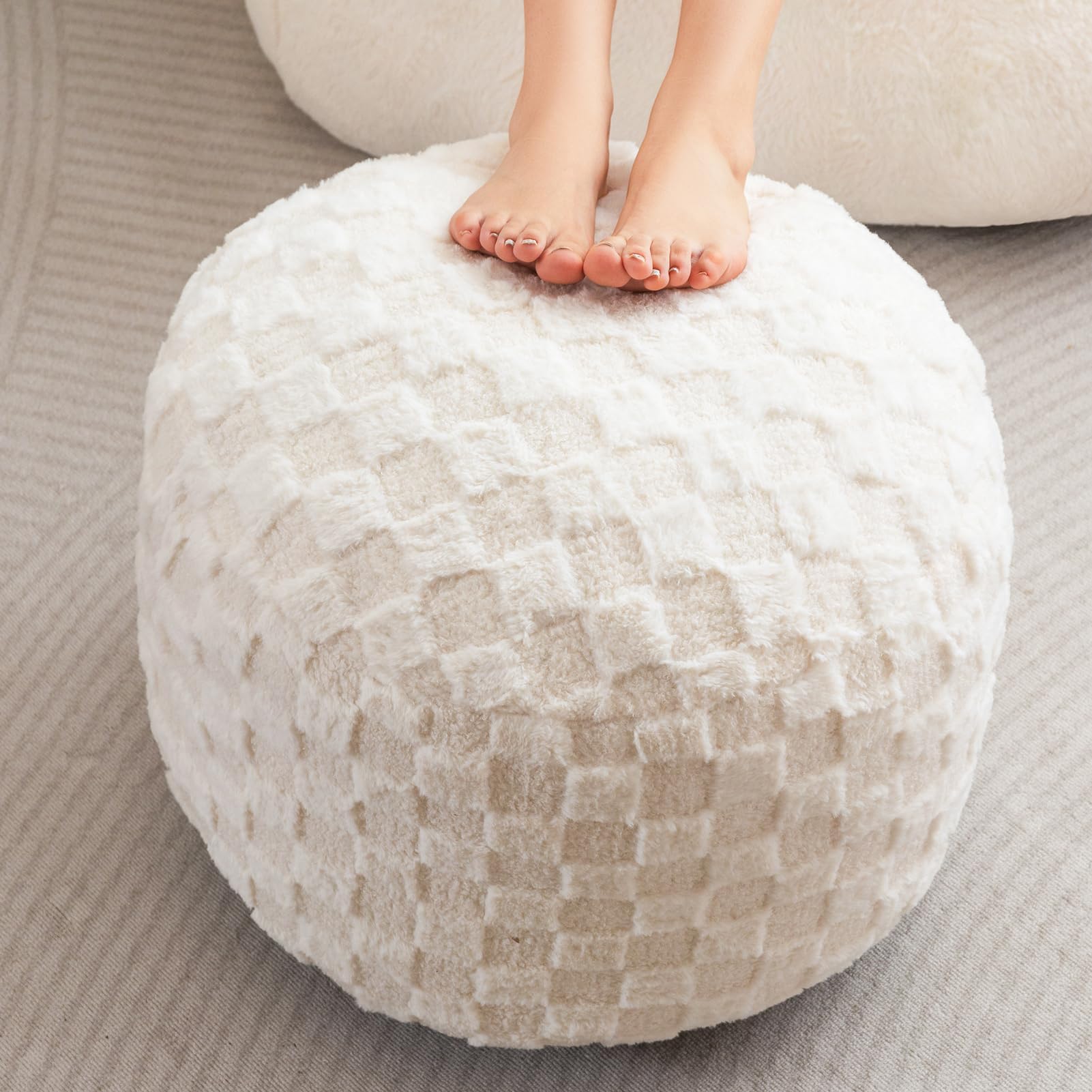 Round Stuffed Pouf Ottoman, Plaid Poufs with Foam Chunk Filling, Fluffy and Furry Pouf Foot Stool Storage Ottoman, 20 X 15 Floor Poufs Foot Rest for Living Room, Beige