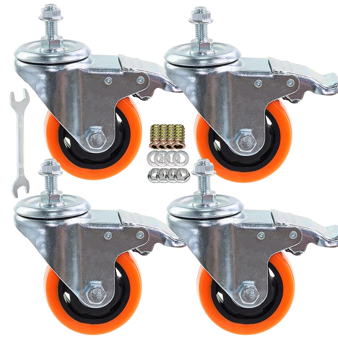 Heavy Duty Stem Caster Wheels M10-1.5X25mm Dual Locking No Noise PVC Threaded Stem Caster Wheels Pack of 4 for Workbench, Dolly, Furniture etc (3 Inch)