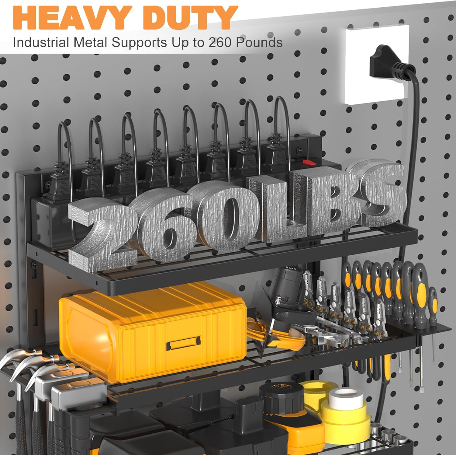 Power Tool Organizer Wall Mount with Charging Station, 4 Drill Holder Cordless Tool Organizer, 3 Layer Storage Rack Heavy Duty Metal Garage Organization with 8 Outlet Power Strip for Fathers Men Gift