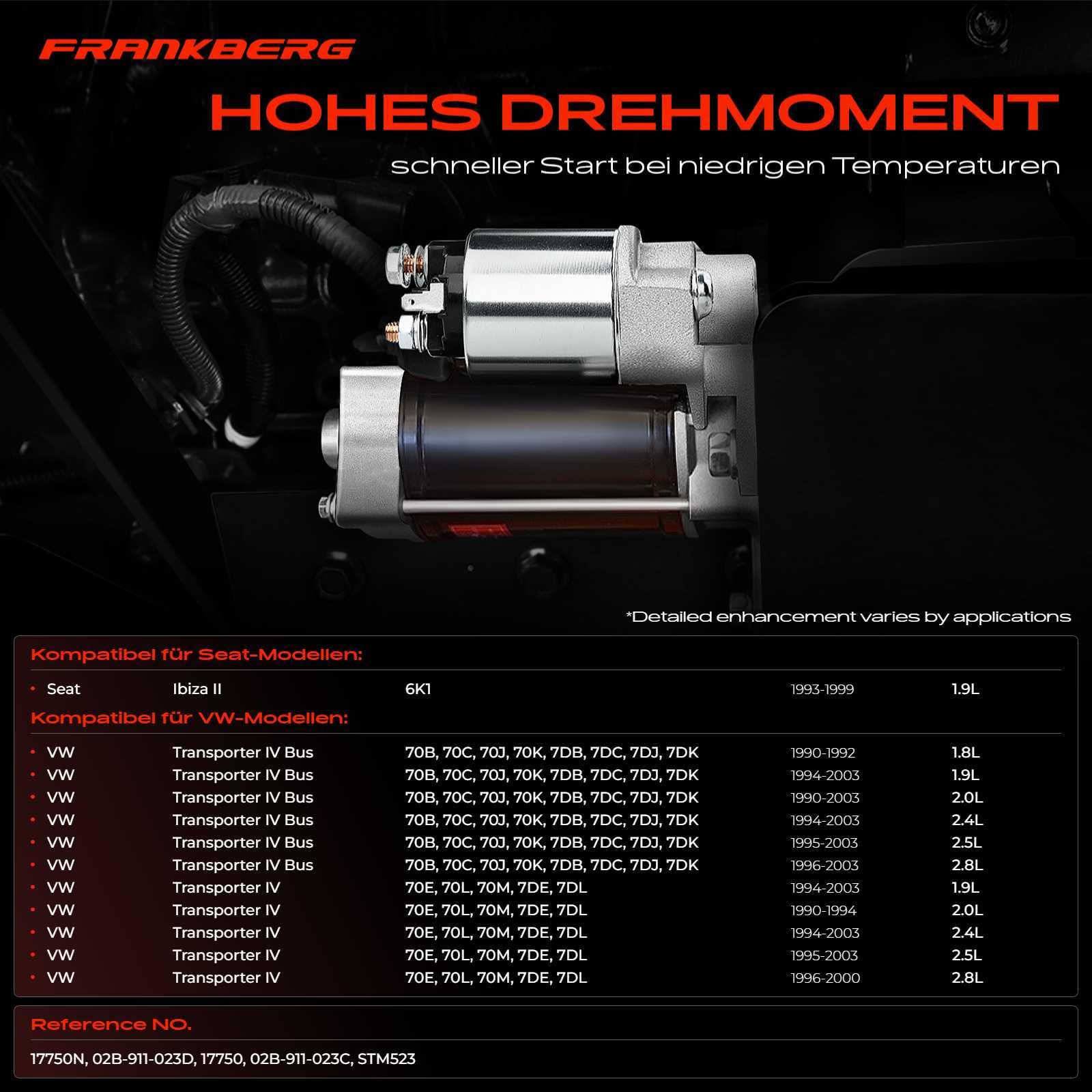 Frankberg Motor de arranque 18 kW 12 V 10 dientes 02B-911-023D | Compatible con: T.r.a.n.s.p.o.r.t.e.r IV Caja 70A 70H 70J 7DA 7DH, Ibiza II 6K1