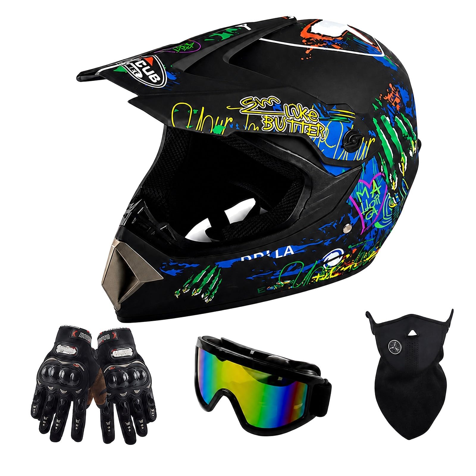 Set Casco Cross Integrale nero multicolore con Occhiali e Guanti