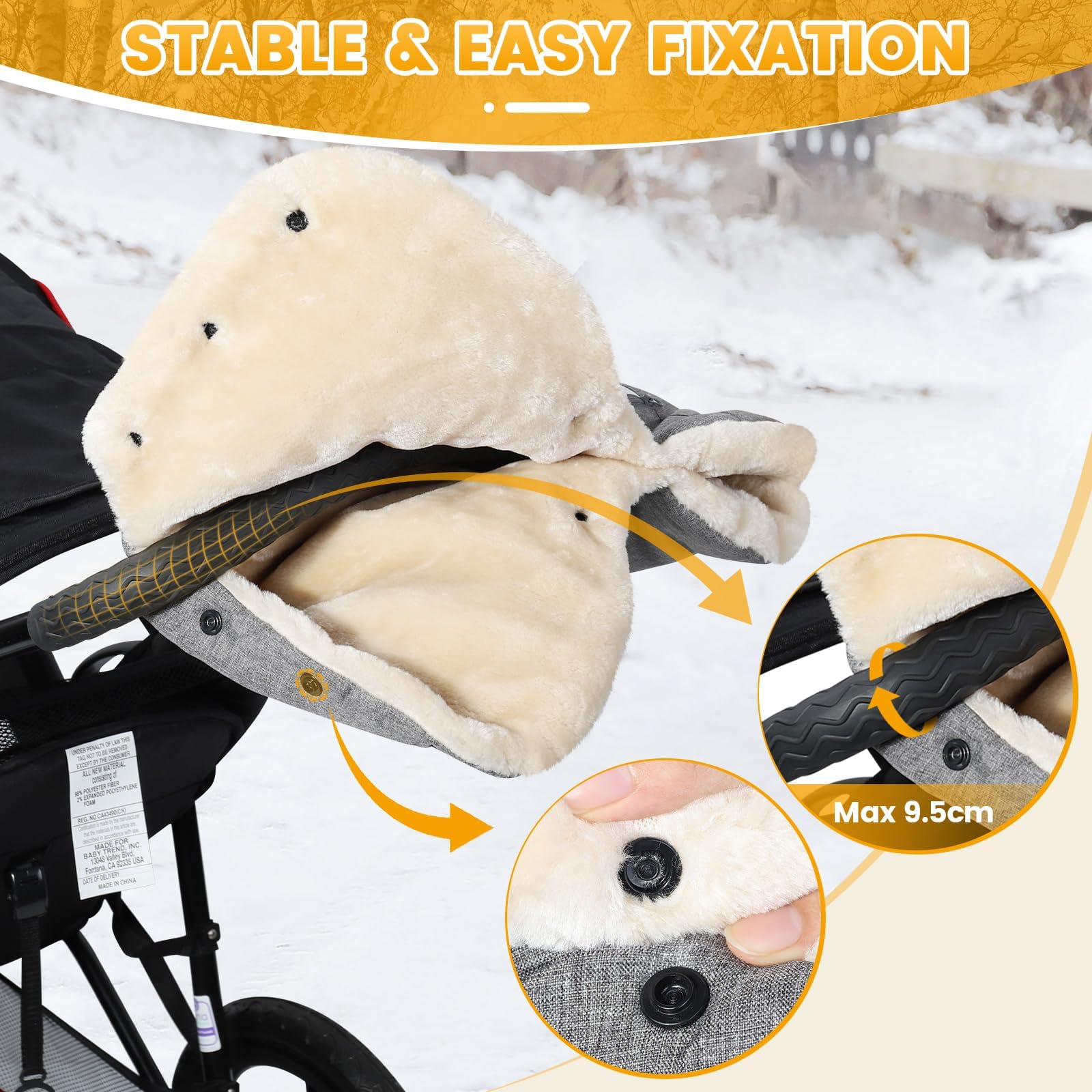 Orzbow Pram Gloves, Warm Pram Hand Muff with Faux Woolen Fleece, Stable Pushchair Hand Muff with Phone Pocket - Image 3