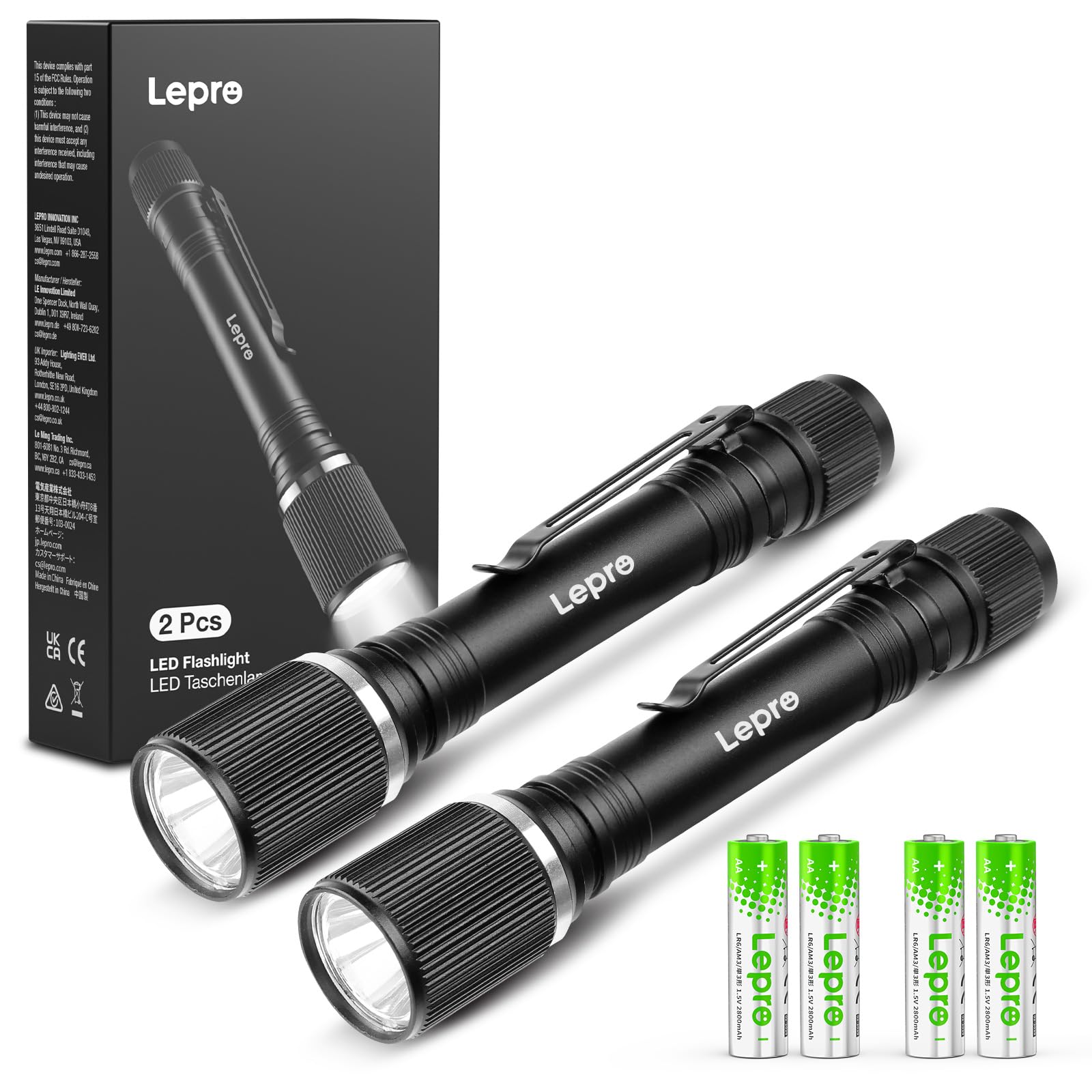 Lepro Torches Battery Powered 2 Pack, Small Bright LED Flashlight with Clip, 3 Modes, IPX4 Waterproof, Aluminum Body for Camping, Emergency, Dog Walking and Power Cut, Batteries Included