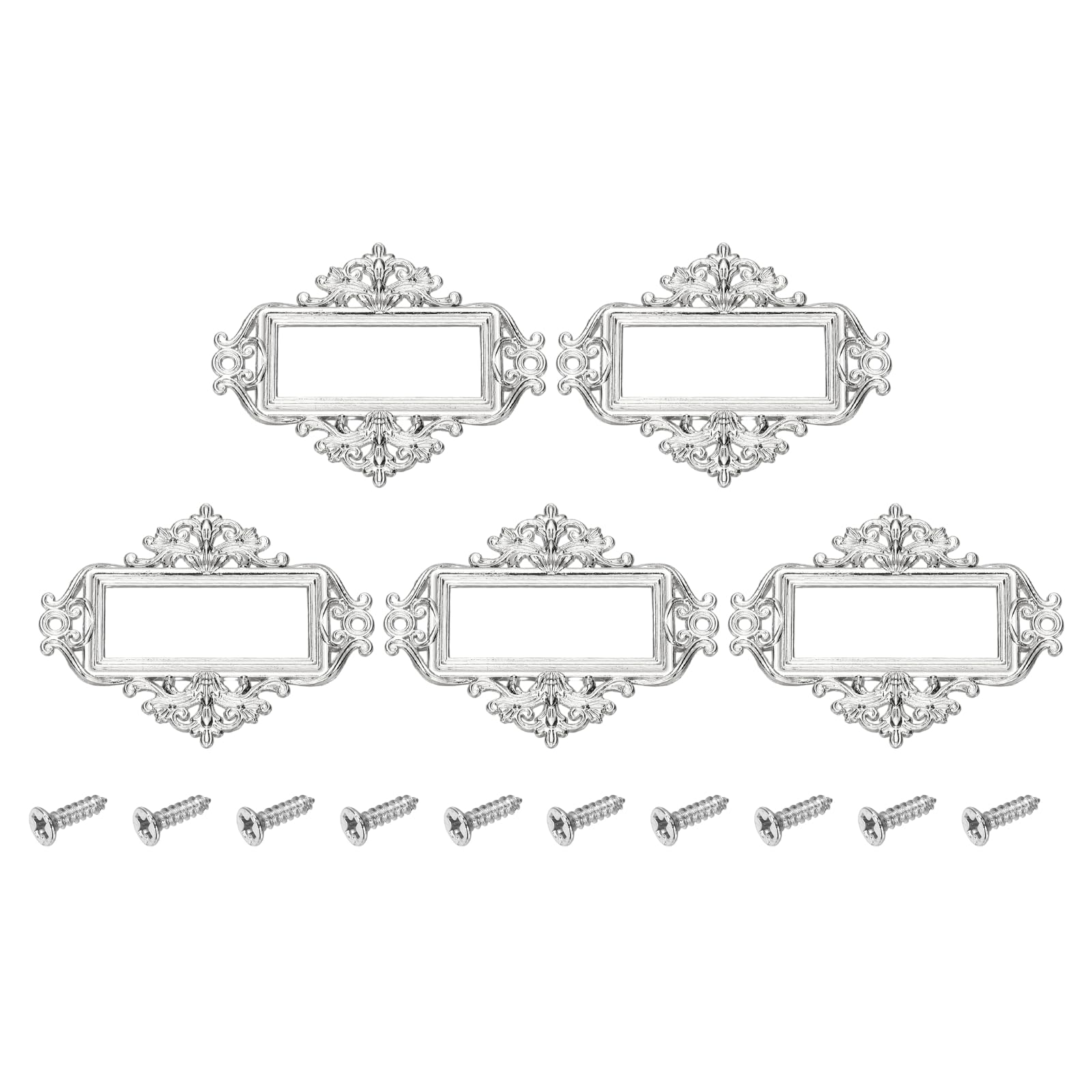 sourcing map 5 Pcs Metal Label Holder, 5.5x4.3cm Small Vintage Card Frame Tag Floral Lace Label Holder with Screws for File Boxes Drawers Door Cabinet Book Shelves, White Nickel โ image 1