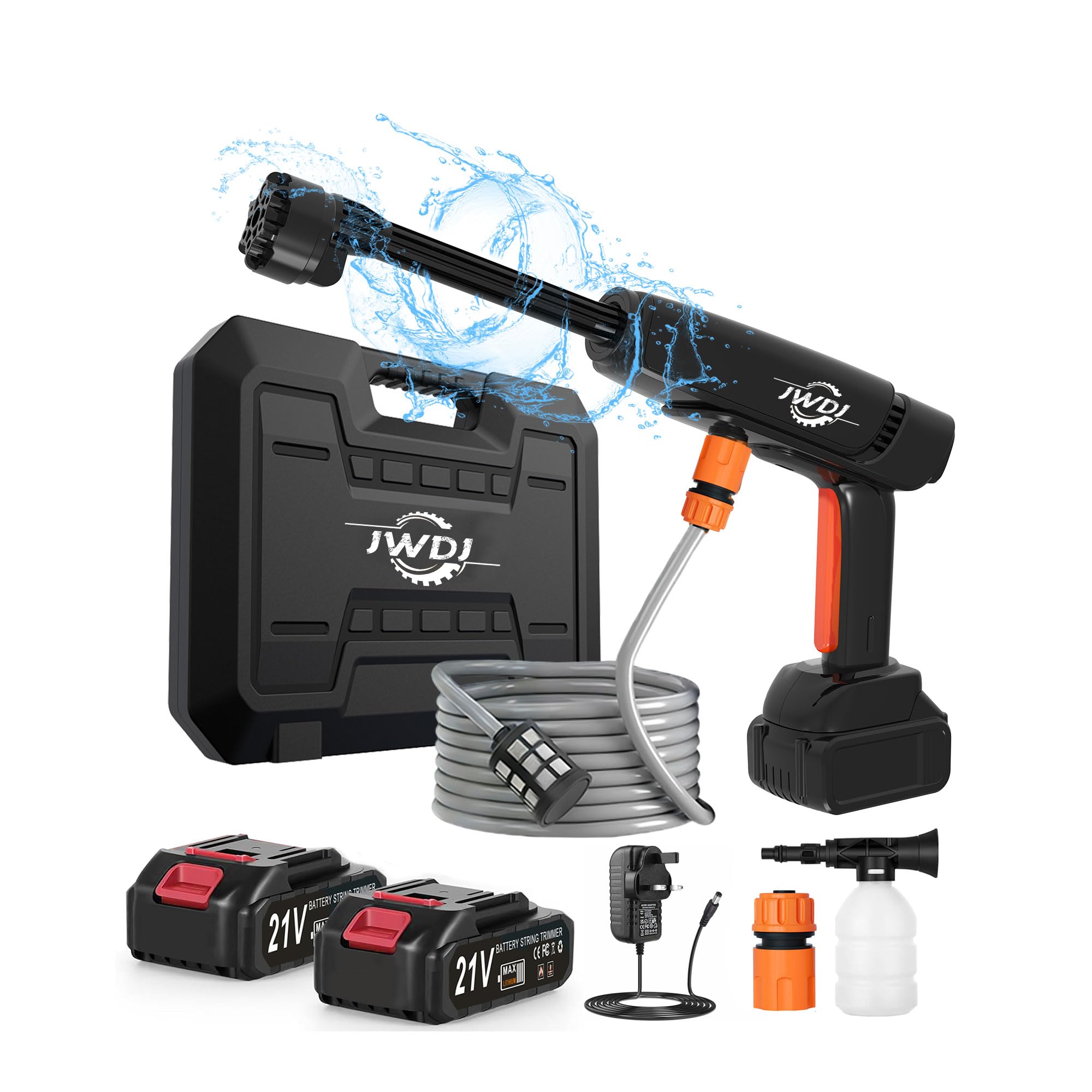 Lavadora a presión inalámbrica portátil – Paquete de 2 baterías 1200PSI 336l/h Lavadora eléctrica inalámbrica funciona con pilas con boquilla 6 en 1, cañón de espuma ajustable para coche y jardín