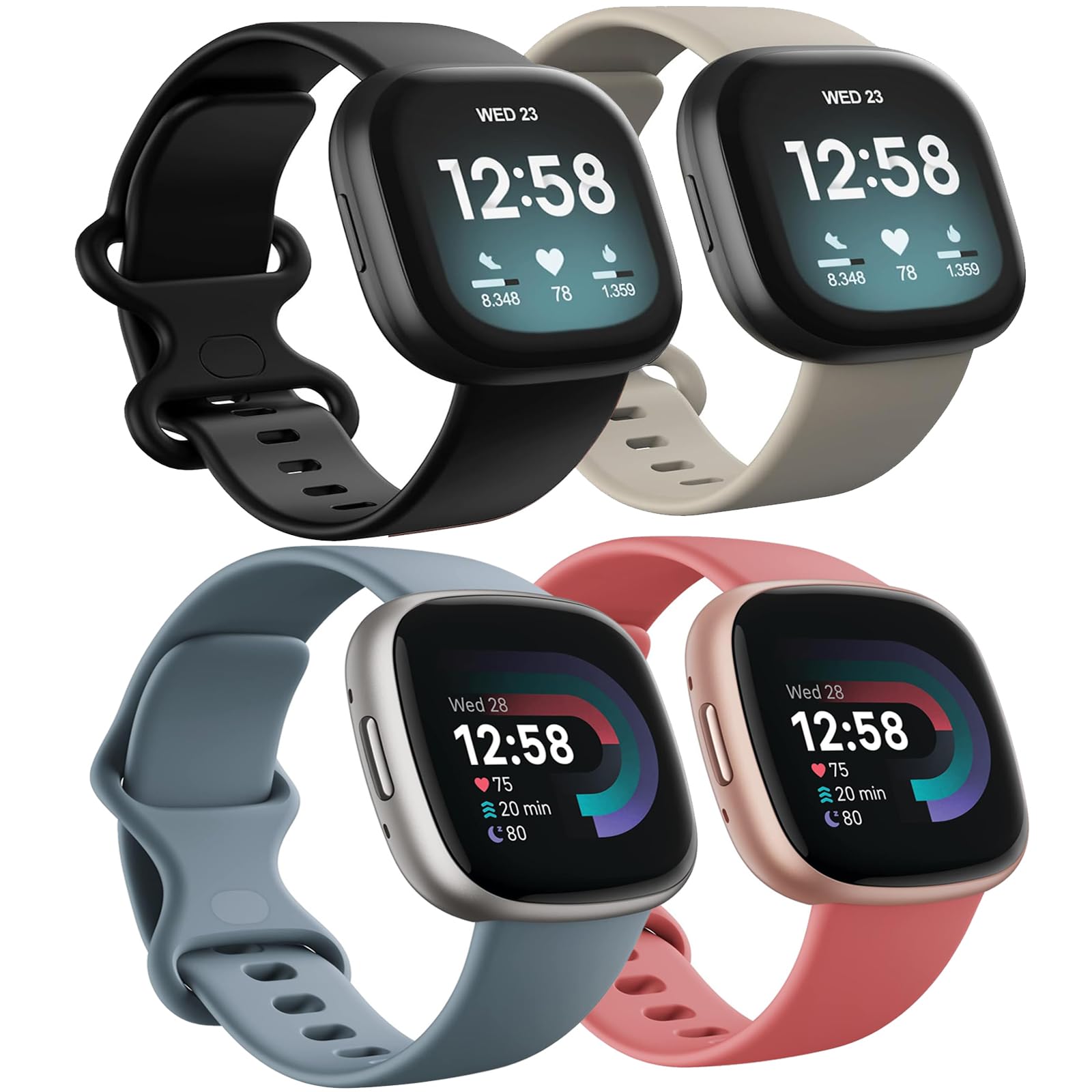 Newremote 4 Pack Waterproof Straps fit for Fitbit Versa 4 / Versa 3 / Sense 2 / Sense Straps, Classic Soft Sports Replacement Strap for Women Men (Black/Starlight/Grey Blue/Pink, Large 7.1''-8.7'')