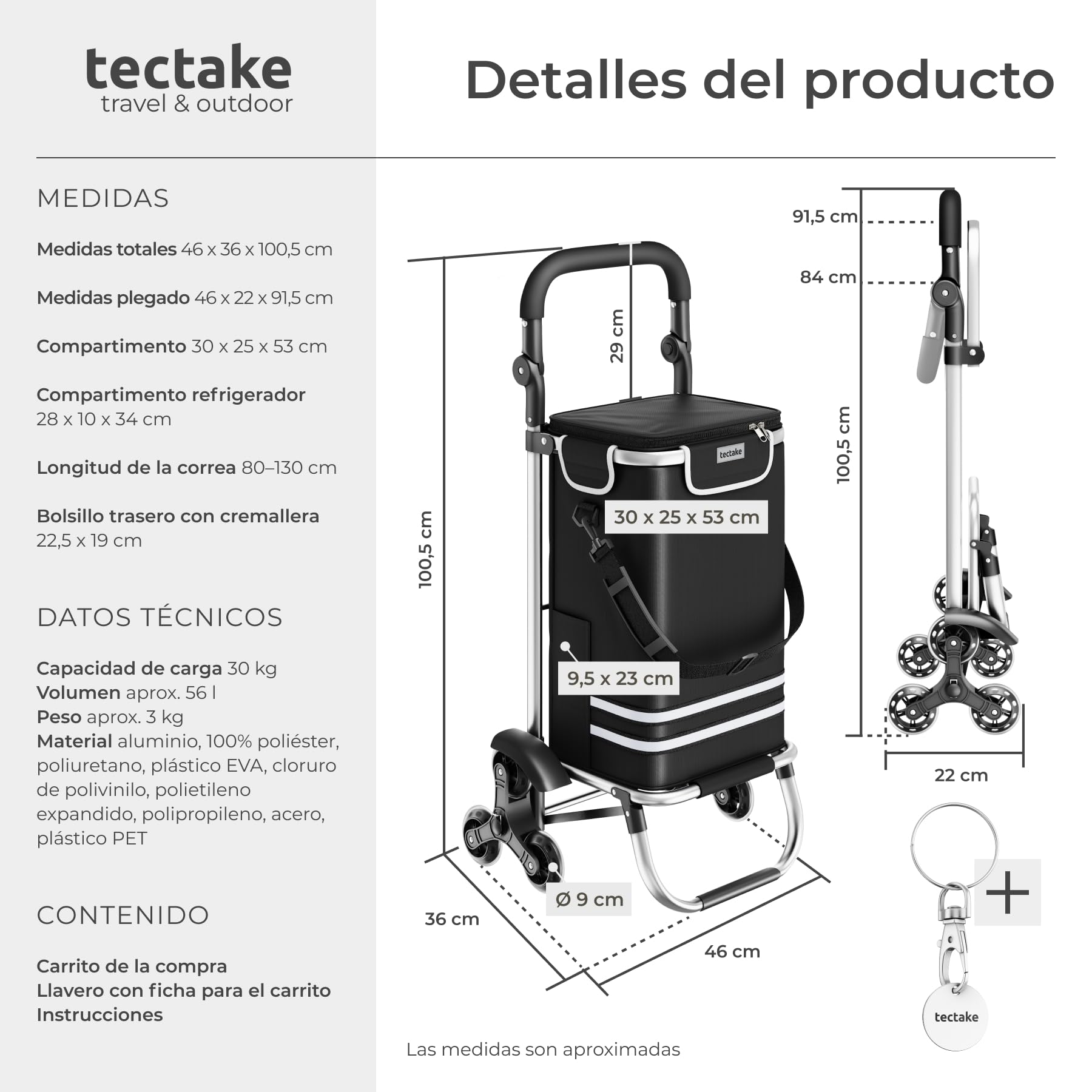 tectake® Carro de la Compra Plegable con Bolsa Termica, Carrito Compra 3 en 1 con 6 Ruedas, Capacidad 56L, Carro Plegable con Ruedas de Estrella para Supermercado y Viajes - Negro