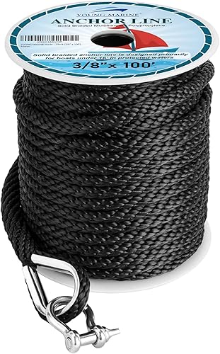 YOUNG MARINE Made - Cuerda de anclaje trenzada de 38 pulgadas, 100 pies, 150 pies, línea de anclaje trenzada para MFP, línea de anclaje con dedal y