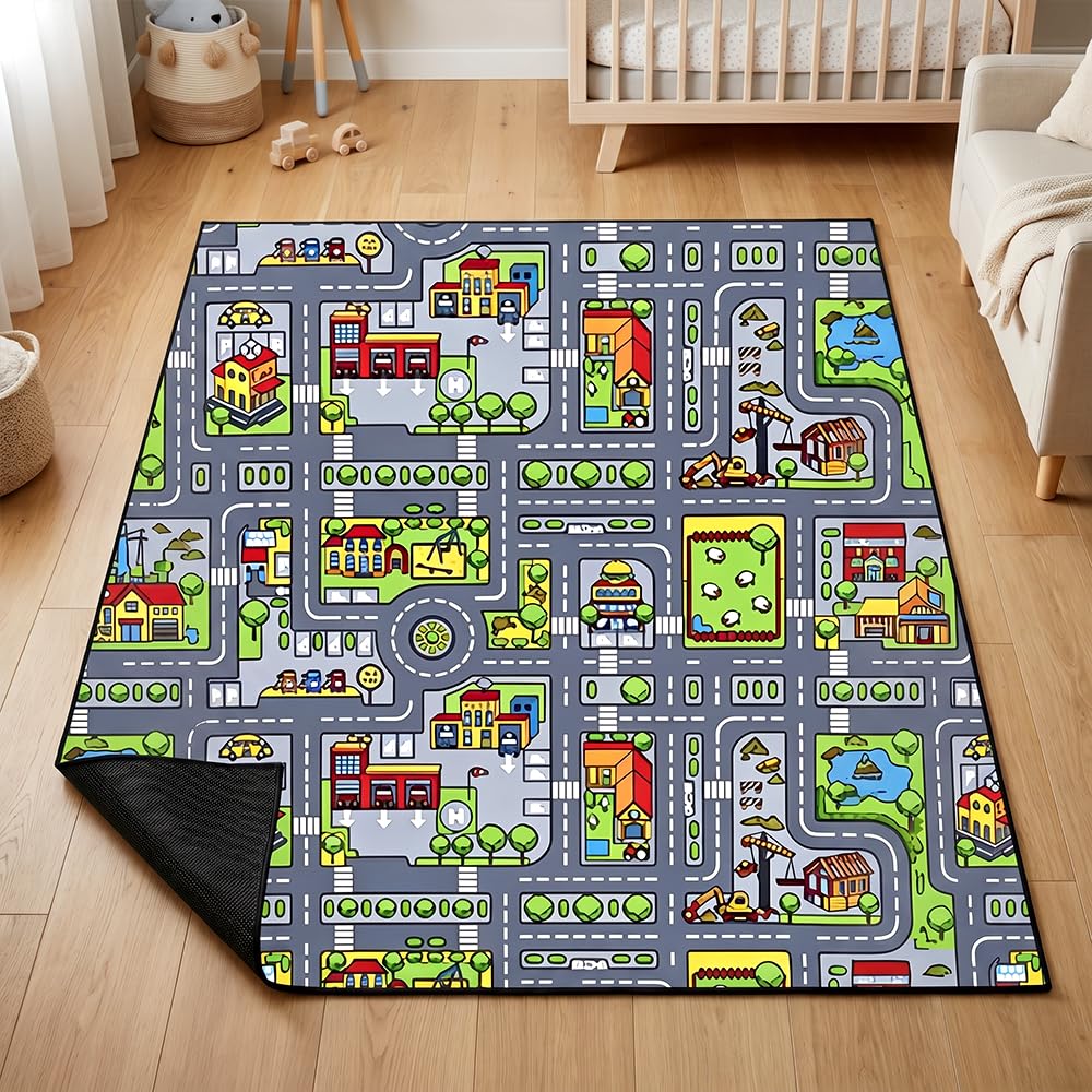 WFKKMEQ Car Rug Play Mat, Non-Slip Play Rug City Playmat Carpet Floor Mat Carpet Playmat Exercise Mats Learning Educational Area Rugs for Playroom Bedroom Classroom (60 X 90CM)