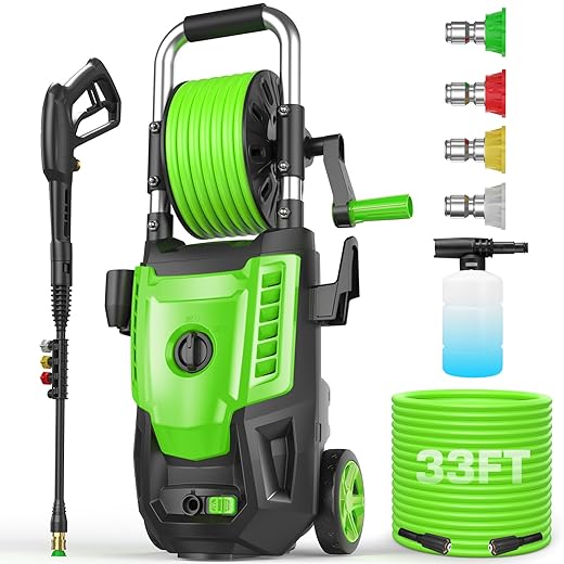 Electric Pressure Washer 4800PSI, 4.0GPM Portable Power Washer with Foam Cannon,4 Nozzles,33FT Hose and Soap Bottle,Car Wash Machine/Car/Driveway/Patio Clean,Green