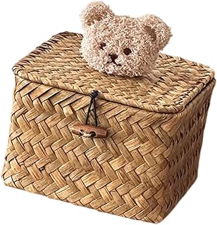 Stylish Seagrasses Square Box with, Small 1beige bear | Natural Woven Storage Box with Cover and Bear Ornament for Home Offices Organization and Gift Packaging