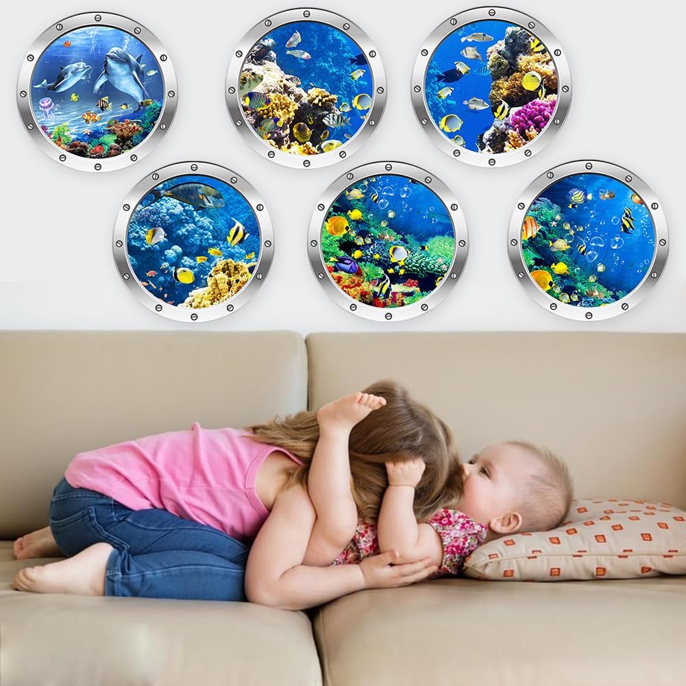 Set de 6 Adhesivos Murales 3D de Criaturas Marinas Cartoon Peces del Océano Stickers de Ventana Falsa Submarina para Habitación Infantil, Adhesivos de PVC Resistentes al Agua