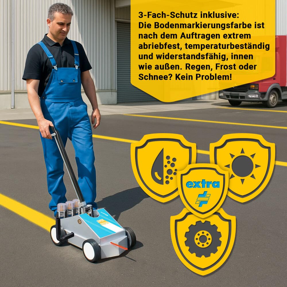 12 Dosen Markierungsfarbe TRAFFIC Extra für extreme Belastung, Farbe: gelb, Art.-Nr. AM81ZN232 | Bodenmarkierungsfarbe | Straßenmarkierungsfarbe | Markierungsspray