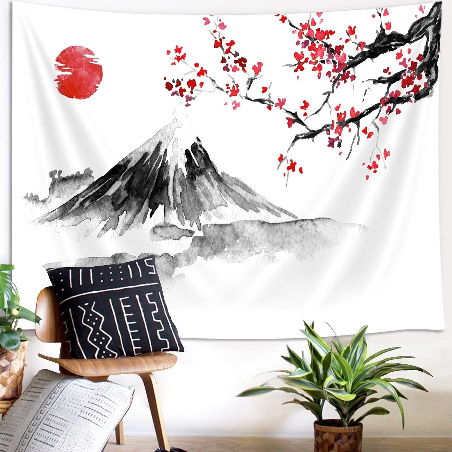 Japanese Decor Tapestry Mount Fuji Tapestry for Bedroom Aesthetic Red Sun Tapestries Wall Hanging for Room Decor(L/150x200cm/60x80inch)