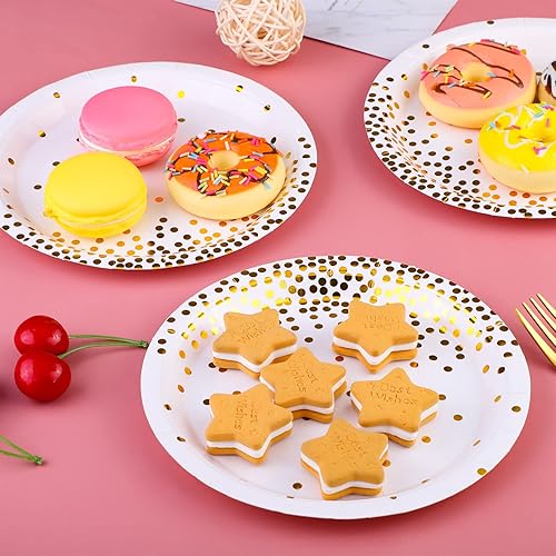 Miniatura 4 de Aneco 60 platos de papel desechables de 7 pulgadas, platos de postre de lunares blancos y dorados, platos de papel redondos para bodas, despedidas