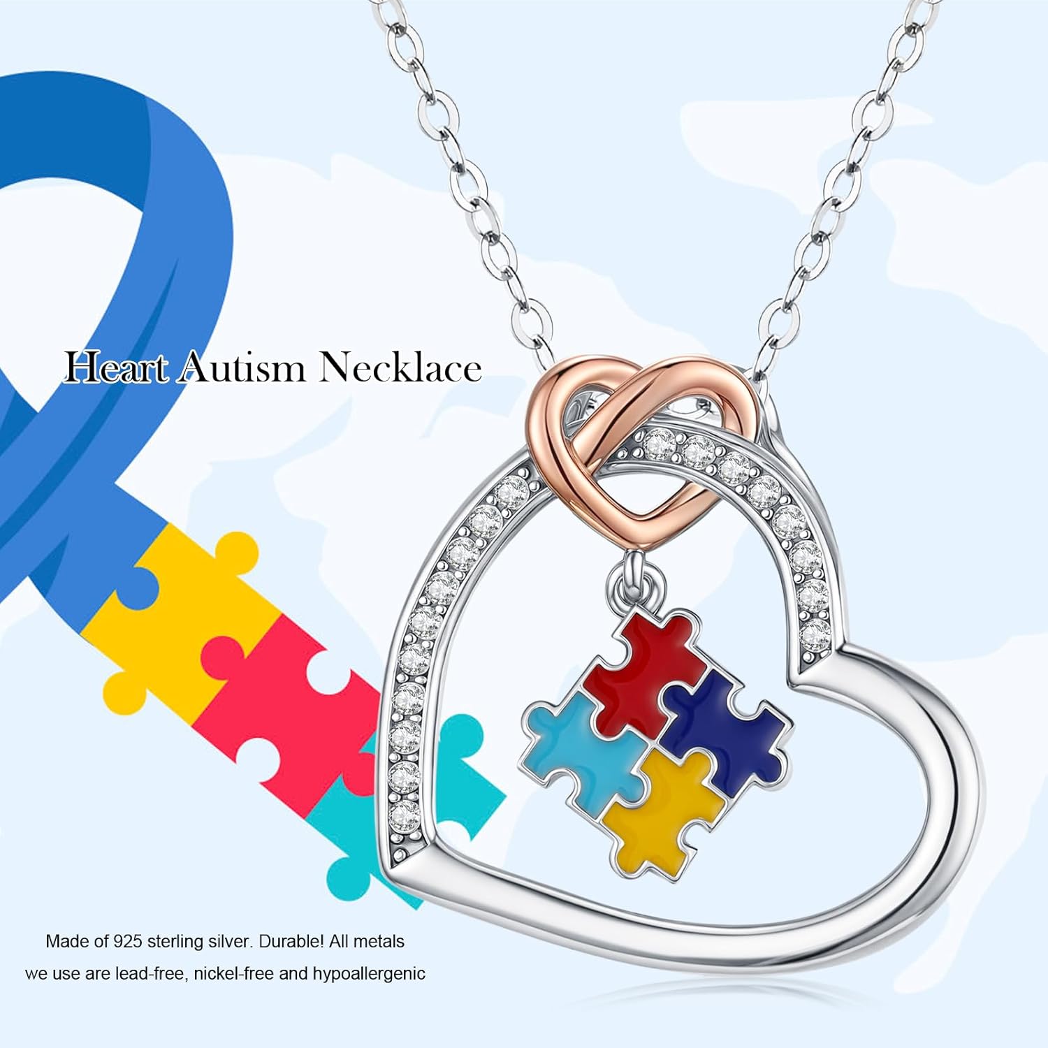 Autism Necklace for Women 925 Sterling Silver Heart Pendant Necklace Autism Jewelry Gifts for Women - Image 7