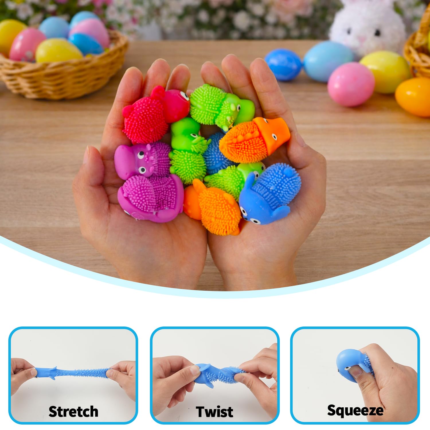 24Pack Easter Prefilled Eggs with Squishy Toys Inside Bright Plastic Easter Eggs Filled Cute Stress Reliever Squishy Toy for Easter Basket Stuffers Animal Easter Egg Filler Classroom Prize Supplies — view 3