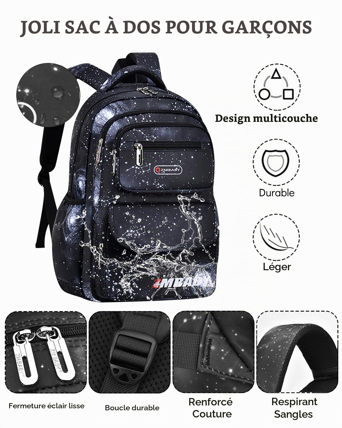 Amythe Sac A Dos Enfants, Cartable Garcon Primaire pour Les Classes 1 à 5, Sac à Dos Ergonomique Etanche Nylon Grande Capacité, Élégant Sacs Garçons pour L'école et les Voyages