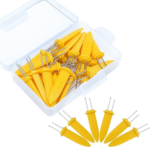 Elcoho 25 Pack 3.35 Inch Large Corn Holders Stainless Steel Corn on the Cob Skewers Holders with Storage Box