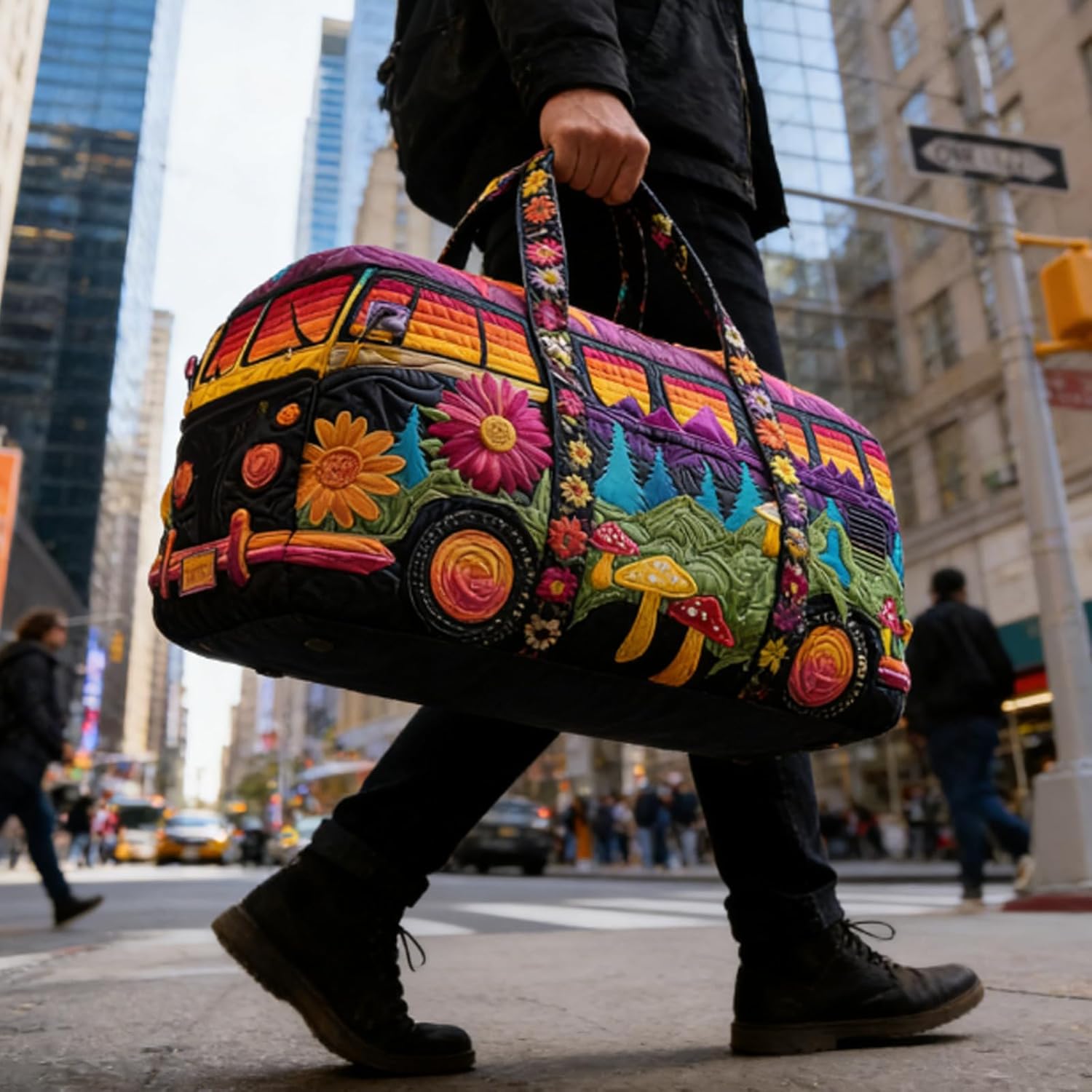 Hippie Van Quilted Duffle Bag, Boho Travel Weekender Bag with Strap, Retro Style for Everyday Travel