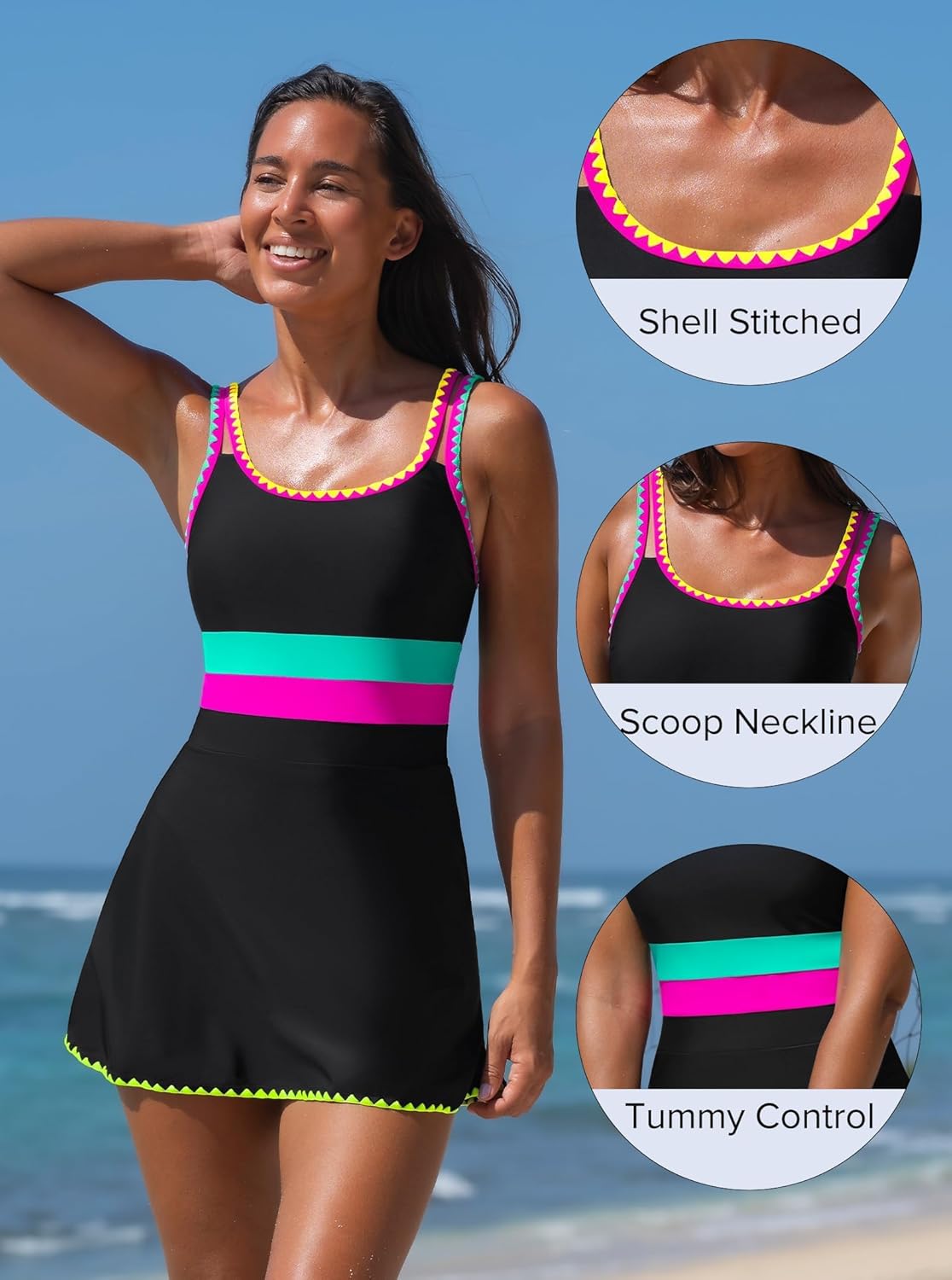 popvil Women One Piece Swimsuit 2026 Tummy Control Bathing Suit Neon Modest Swim Dress with Skirt Full Coverage - Image 9