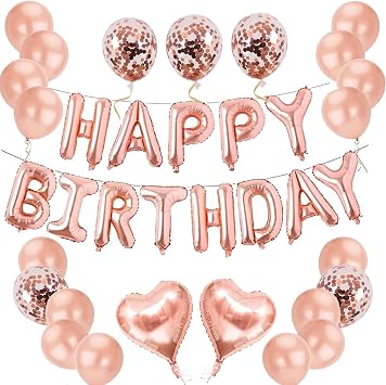 40 pcs Pink Rose Gold Birthday Decorations, 3D Mylar Foil Happy Birthday Banner and 18 inch Big Heart Star Confetti Latex Balloons, Ecofriendly Party Decorations Supplies for kids Girls Women