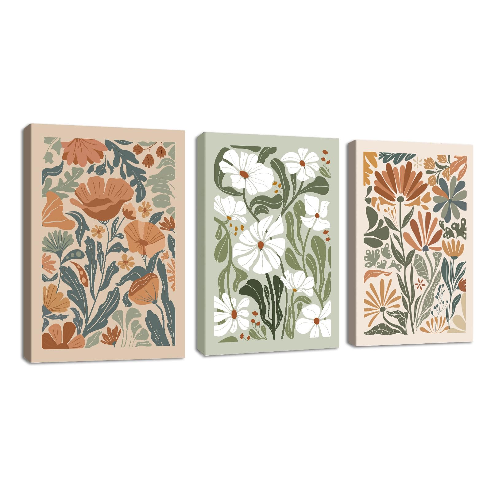 Abstract Floral Framed Canvas Wall Art Boho Floral Botanical Print Set of 3 Green Beige Wildflower Flower Market Paintings Modern Minimalist Pictures Decor Bedroom Bathroom Living Room Office 12"x16" — image 1