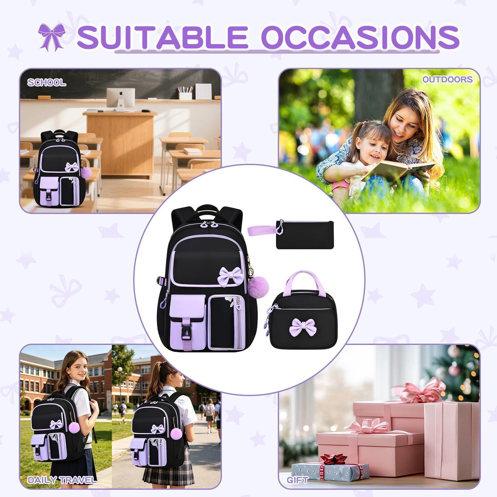 Kinder Schulrucksack Mit Lunchtasche 3-Teiliges Set Mit Schleife Großem | Schüler Reisetasche Für Schulbücher, Kleidung, Schreibwaren, Geldbörse, Outdoor, Reisen Und P