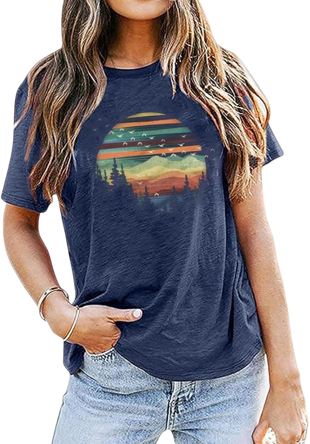 Adventure Awaits Outdoor Graphic T Shirt Women Retro Colorful Print Tees Hike Mountain Nature Travel Shirt Workout Tops
