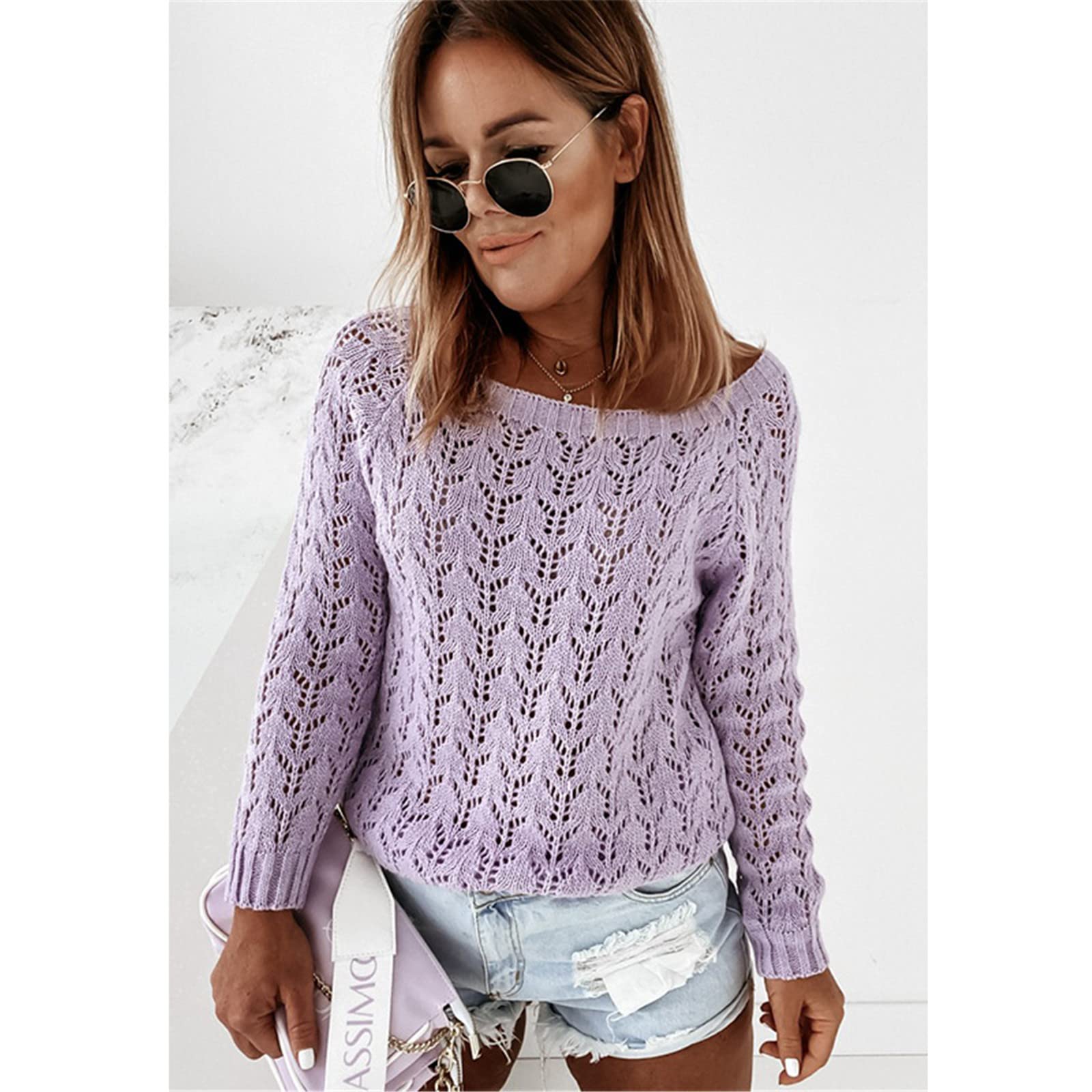 Amazon.com: LRXXRL Women's Casual Knit Sweaters Jumpers Fashion Vintage  Knitted Pullover Long Sleeve Cardigan Knitwear Lightweight Sweatshirts Tops  for Women Girls Round Neck Solid Color Hollow Purple : Clothing, Shoes u0026  Jewelry