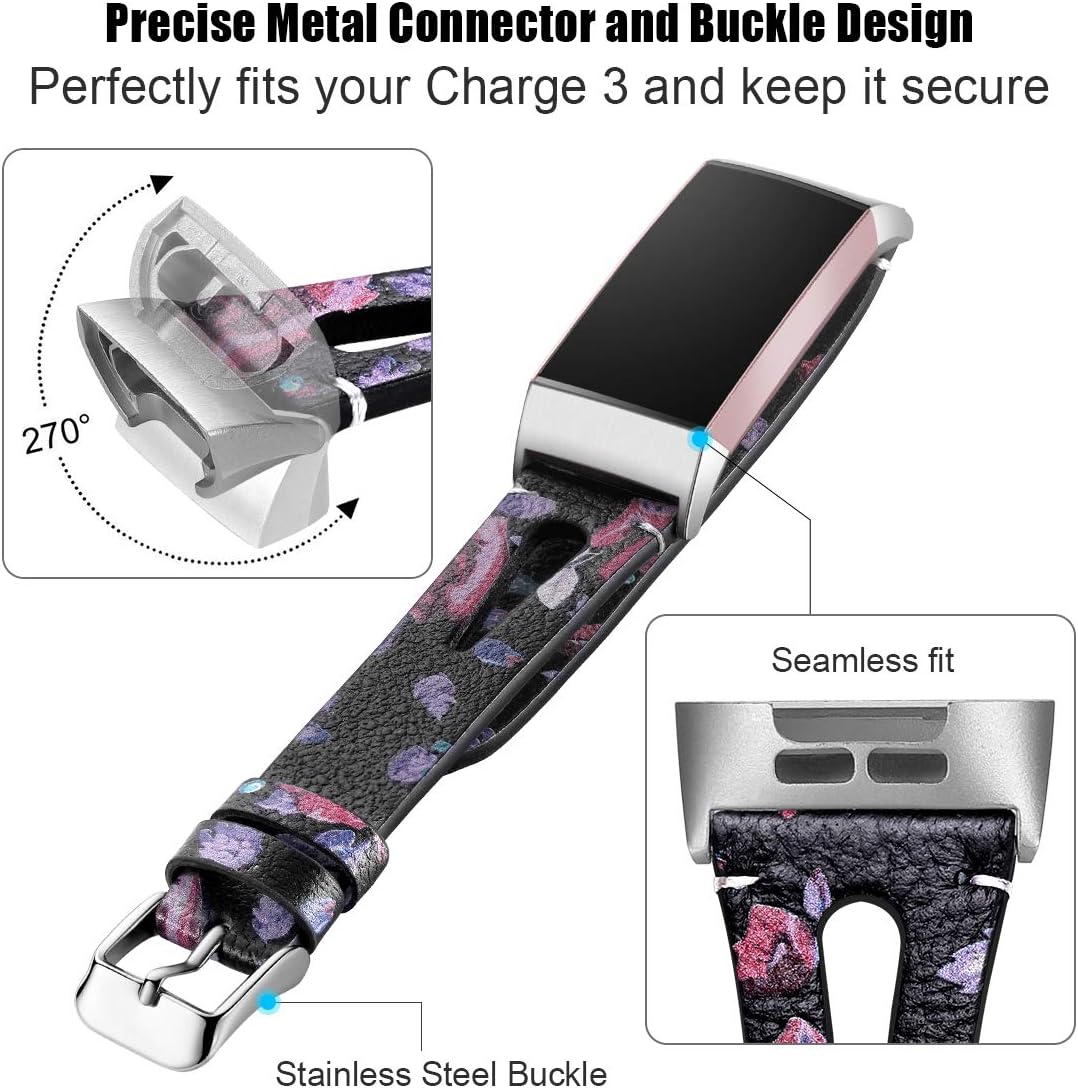 Maledan Compatible with Fitbit Charge 3 and Fitbit Charge 4 Bands for Women Girls, Slim Genuine Leather Band Replacement for Charge 4/Charge 3/Charge 3 SE Small, Black/Rose Floral