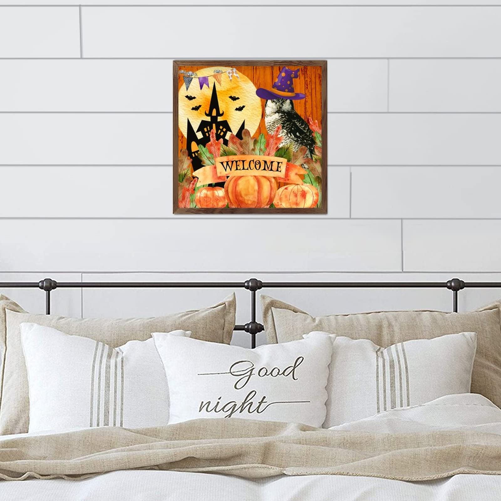 Witamy Halloween Dynia Sowa Czarownica Kapelusz Hunted House Drewna Oprawiony Znak Vintage Halloween Drewniane Tablice Styl Farmy Spersonalizowane Drewniane Znaki Drewniane Dekoracje Ścienne 12x12in