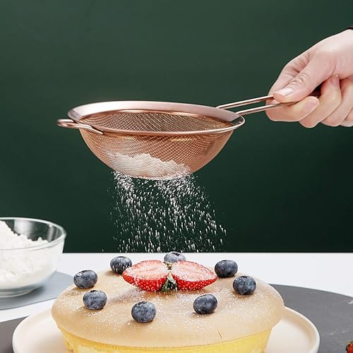 Miniatura 5 de Kyraton Juego de 3 piezas de colador de malla fina de oro rosa, tamiz de harina de cobre para hornear, clandro de acero inoxidable, colador de té